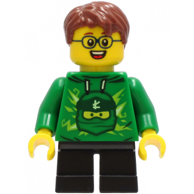 boy - green ninjago hoodie black short legs reddish brown hair