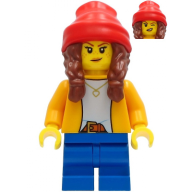 girl - bright light orange jacket blue medium short legs reddish brown hair with braids and red beanie