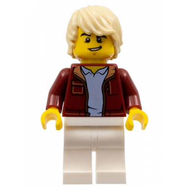 man dark red jacket with bright light blue shirt white legs tan tousled hair lopsided grin car driver