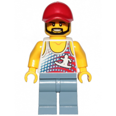 skater - tank top with surfer silhouette sand blue legs red cap black angular beard
