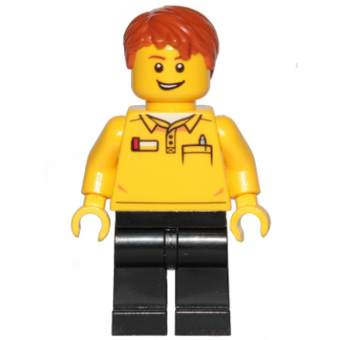 lego store employee black legs dark orange tousled hair lopsided grin