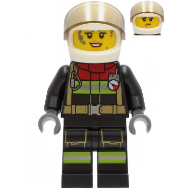 fire - female black jacket and legs with reflective stripes and red collar white helmet trans-brown visor dark bluish gray splotches