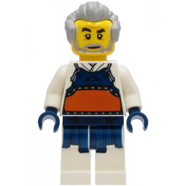kendo instructor - white robe with dark blue and dark orange bogu armor light bluish gray hair