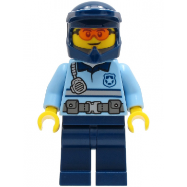 police - city officer bright light blue shirt with silver stripe badge and radio dark blue legs dark blue dirt bike helmet safety glasses