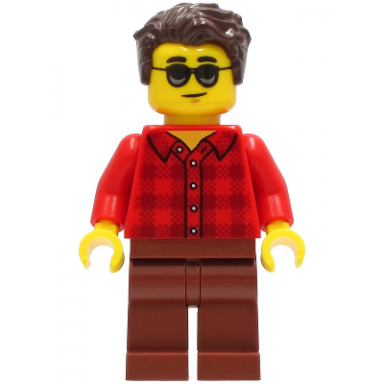 man - red plaid flannel shirt reddish brown legs dark brown hair sunglasses