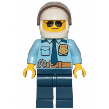 police - city officer shirt with dark blue tie and gold badge dark tan belt with radio dark blue legs white helmet sunglasses