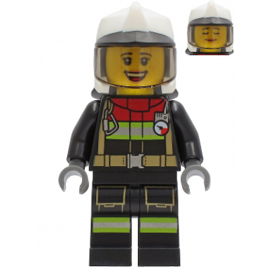fire - female black jacket and legs with reflective stripes and red collar white fire helmet trans-brown visor sarah feldman