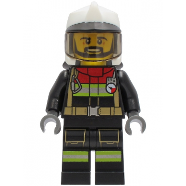 fire - male black jacket and legs with reflective stripes and red collar white fire helmet trans-brown visor black beard