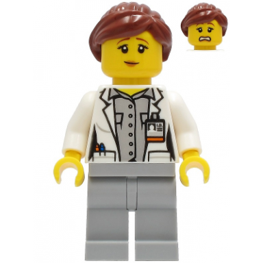 fire - female white open jacket over shirt light bluish gray legs reddish brown hair