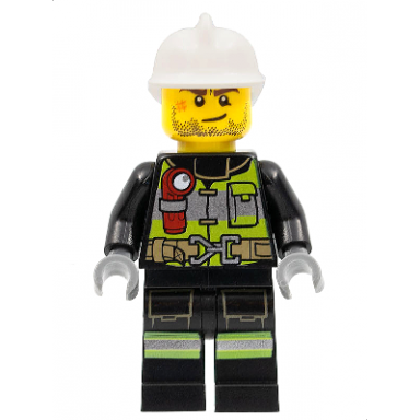 fire - reflective stripes with utility belt and flashlight white fire helmet beard stubble brown eyebrows