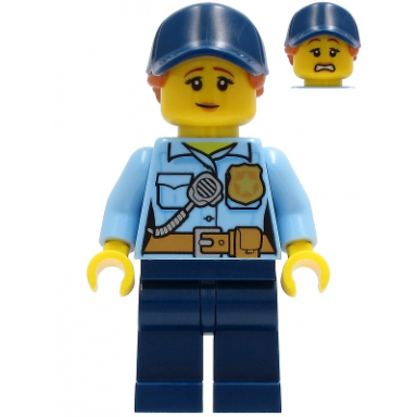 police - city officer female bright light blue shirt with badge and radio dark blue legs dark blue cap with dark orange ponytail pensive smile