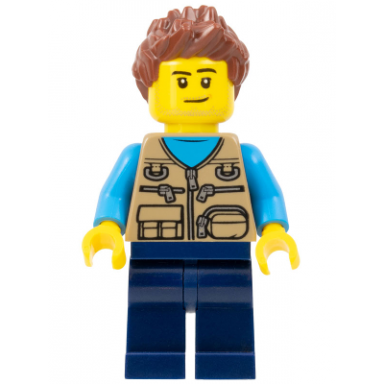 camper van owner - male dark tan vest over dark azure shirt dark blue legs reddish brown spiked hair stubble