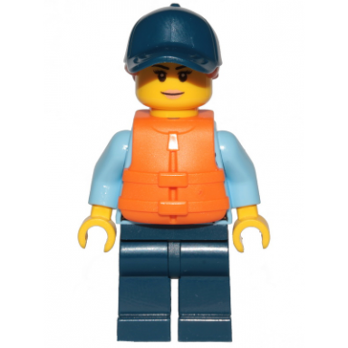 police - city officer female bright light blue shirt with badge and radio dark blue legs dark blue cap with dark orange ponytail life jacket