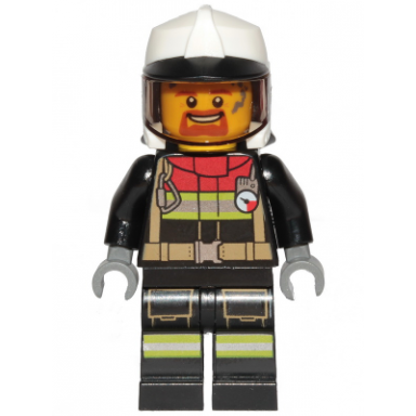fire - male black jacket and legs with reflective stripes and red collar white fire helmet trans-brown visor dark orange goatee