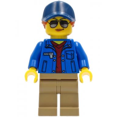 ground crew - female blue jacket over dark red v-neck sweater dark tan legs dark blue cap with dark orange ponytail