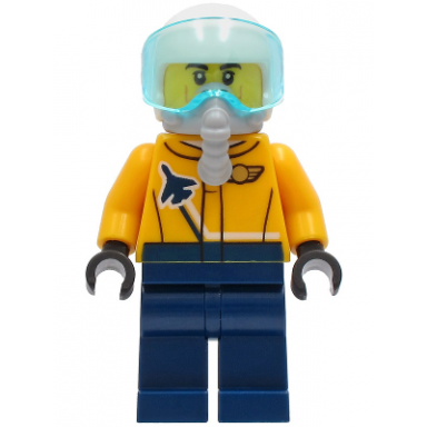 airshow jet pilot - bright light orange jacket dark blue legs white helmet oxygen mask