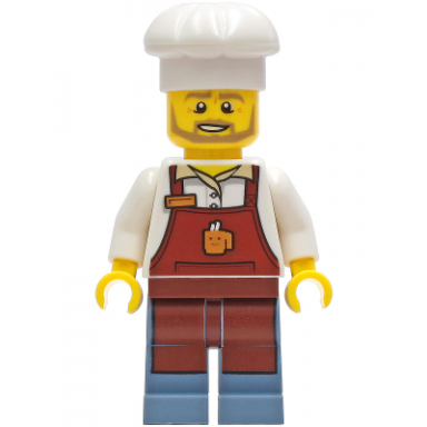 baker - male reddish brown apron with cup and name tag sand blue legs white chef toque