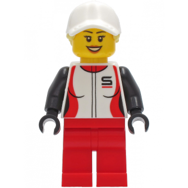 woman - red and white racing jacket red legs white cap with bright light yellow ponytail hair