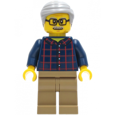 man - dark blue plaid button shirt dark tan legs light bluish gray hair