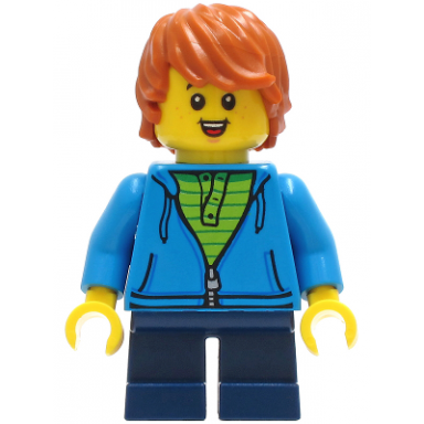 child - boy dark azure hoodie dark blue short legs dark orange tousled hair freckles smile with teeth and tongue