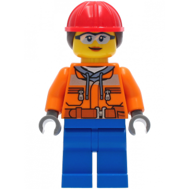 construction worker - female orange safety jacket reflective stripe sand blue hoodie blue legs red construction helmet with dark brown ponytail hair safety glasses
