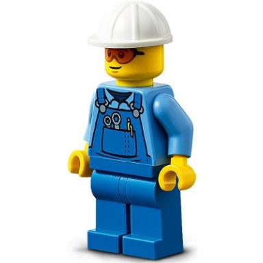 roadwork truck driver - male blue overalls over medium blue shirt blue legs white construction helmet safety glasses back print