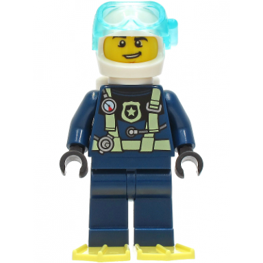 police - city officer dark blue diving suit with bright light yellow harness white helmet white air tanks bright light yellow flippers