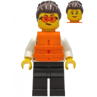 police - officer gracie goodhart dark blue vest black legs dark brown hair with bun safety glasses orange life jacket