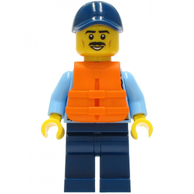 police - city officer shirt with dark blue tie and gold badge dark tan belt with radio dark blue legs dark blue cap orange life jacket