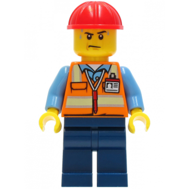 construction worker - male orange safety vest with reflective stripes dark blue legs red construction helmet sweat drops