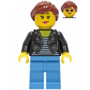 car driver - female black leather jacket medium blue legs reddish brown hair