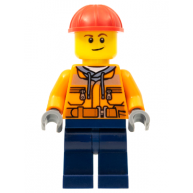 construction worker - male orange safety jacket reflective stripe sand blue hoodie dark blue legs red construction helmet lopsided smile