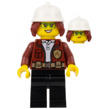 fire chief female - freya mccloud dark red jacket black legs white fire helmet open mouth smile lopsided grin pattern