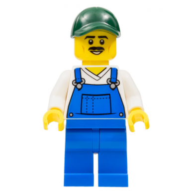 street sweeper - male blue overalls over v-neck shirt blue legs dark green cap moustache