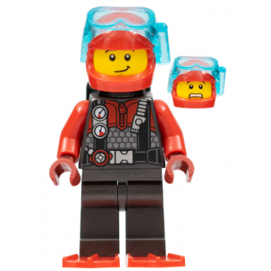 diver - male red helmet black air tanks red flippers