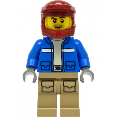 wildlife rescue explorer - male blue jacket dark red helmet dark tan legs with pockets beard