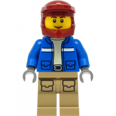 wildlife rescue explorer - male blue jacket dark red helmet dark tan legs with pockets thin grin