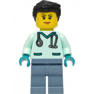 wildlife rescue veterinarian - female light aqua scrubs sand blue legs black hair
