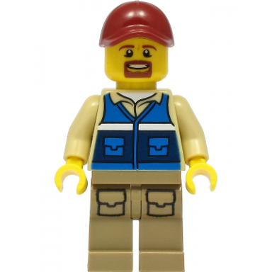 wildlife rescue worker - male dark red cap blue vest with rescue pattern on back dark tan legs with pockets beard