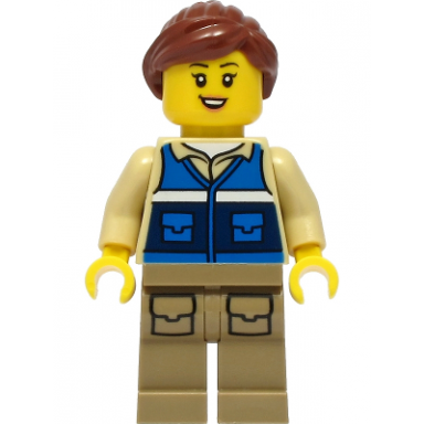 wildlife rescue worker - female blue vest with rescue pattern on back dark tan legs with pockets reddish brown hair