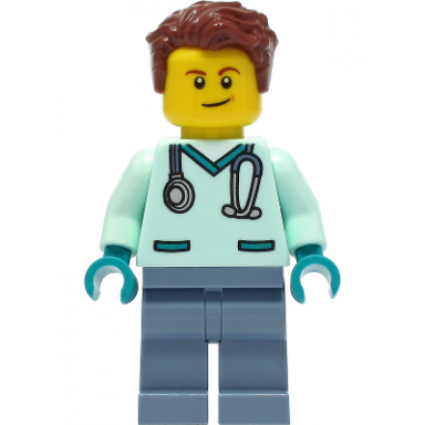 wildlife rescue veterinarian - male light aqua scrubs sand blue legs reddish brown hair