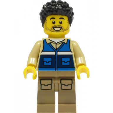 wildlife rescue worker - male blue vest with rescue pattern on back dark tan legs with pockets black hair