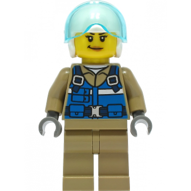 wildlife rescue pilot - female blue vest white helmet dark tan legs smirk