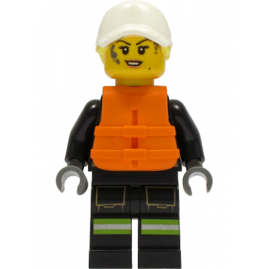 fire - female black jacket and legs with reflective stripes and red collar white cap with bright light yellow ponytail hair orange life jacket dark bluish gray splotches