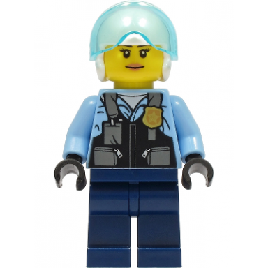 police - city helicopter pilot female safety vest with police badge dark blue legs white helmet