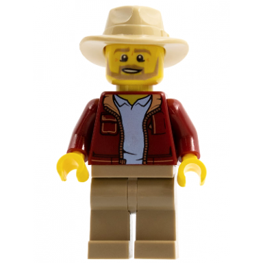 man dark red jacket with bright light blue shirt dark tan legs tan fedora hat beard larry jones adventurer
