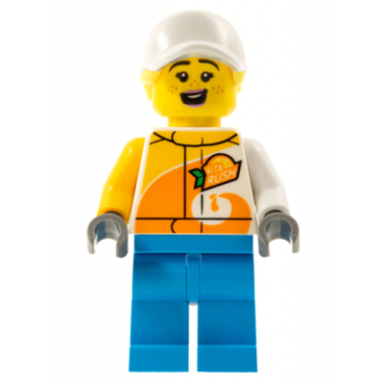 stuntz crew - female bright light orange and white vita rush jacket dark azure legs white cap with bright light yellow ponytail hair freckles