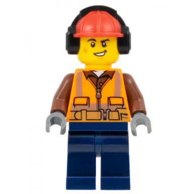 construction worker - male orange safety vest reflective stripes reddish brown shirt dark blue legs red construction helmet with black ear protectors headphones lopsided smile