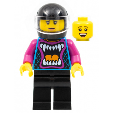ann mccloud - stuntz driver dark azure jacket with animal mouth and magenta arms black legs black helmet trans-clear visor