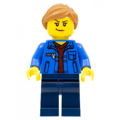 stuntz spectator - female blue jacket over dark red v-neck sweater dark blue legs medium nougat ponytail